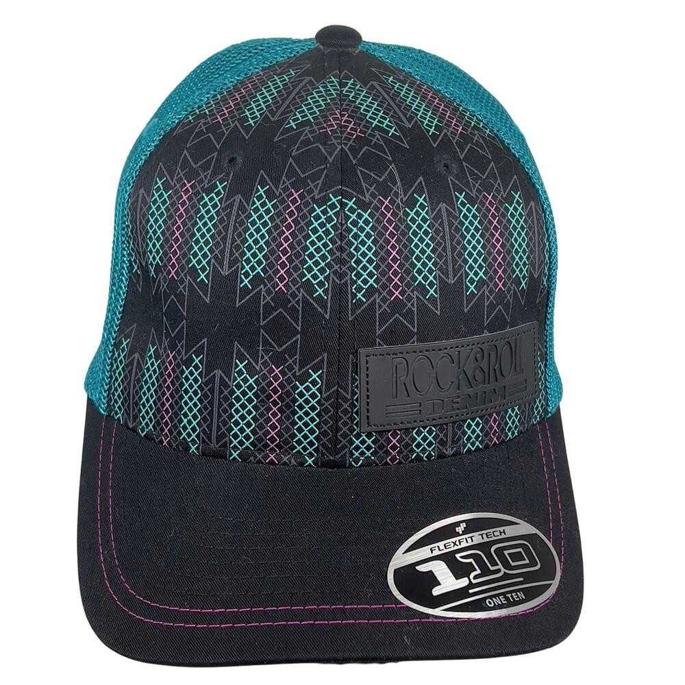 Teal, Pink & Black Rock & Roll Denim Flexfit 110 Leather Logo Mesh Cap Hat Adj